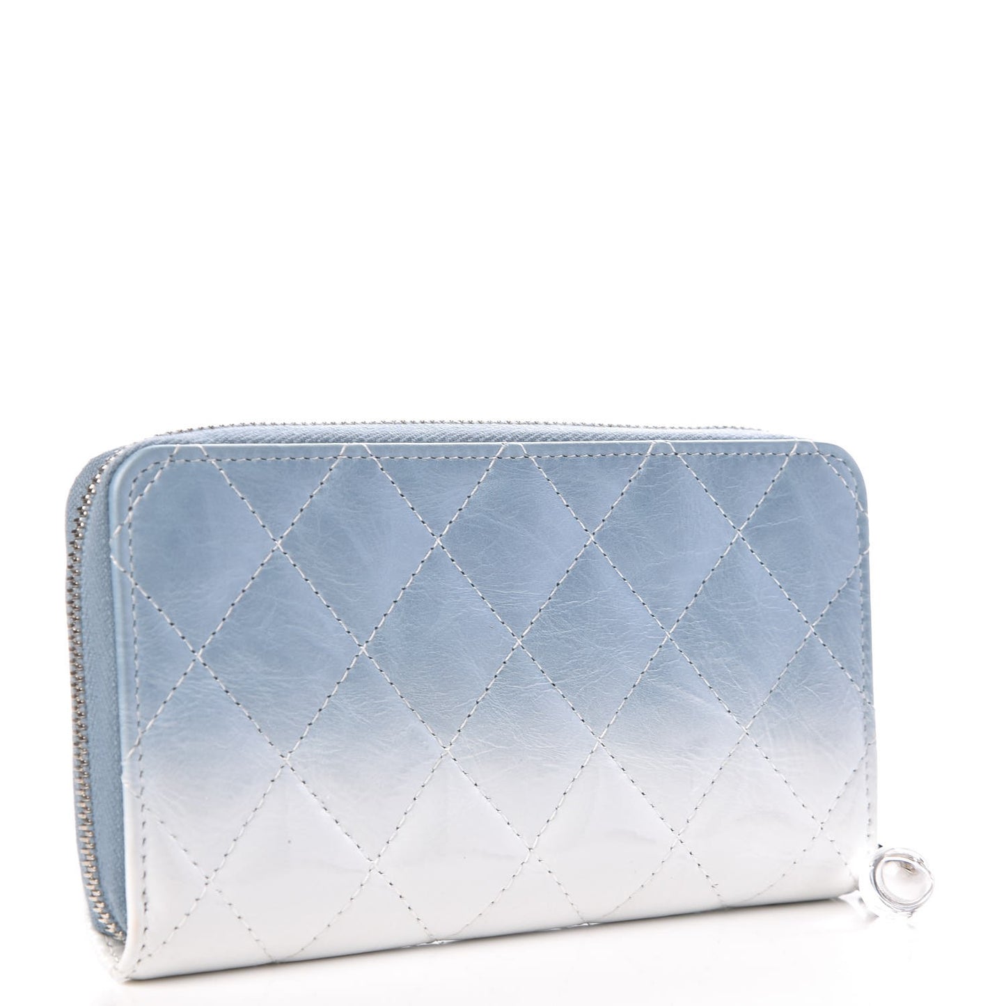 Faded Patent Calfskin Quilted Small Zip Around Wallet Blue