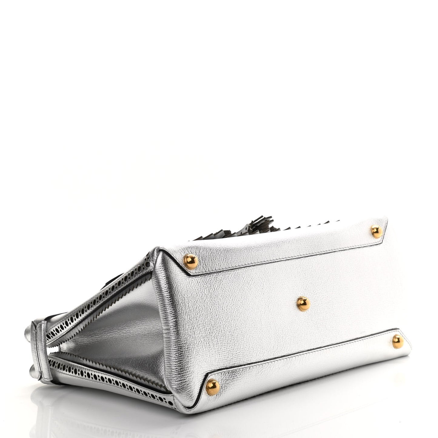 Metallic Calfskin Broguing Medium Banner Tote Silver