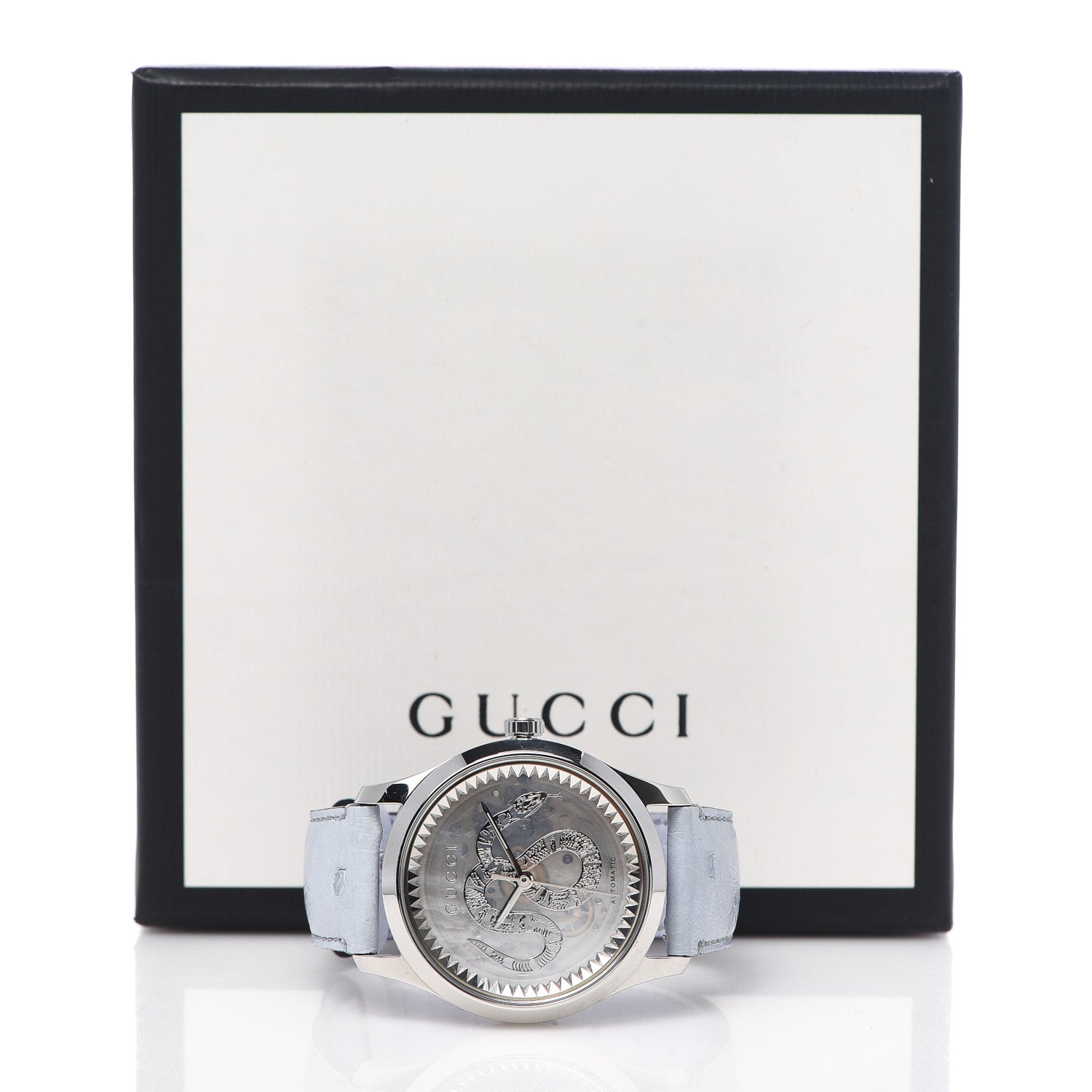 Gucci Stainless Steel Ostrich Blue Mother of Pearl 38mm G-Timeless Snake Automatic Watch 8 of 8