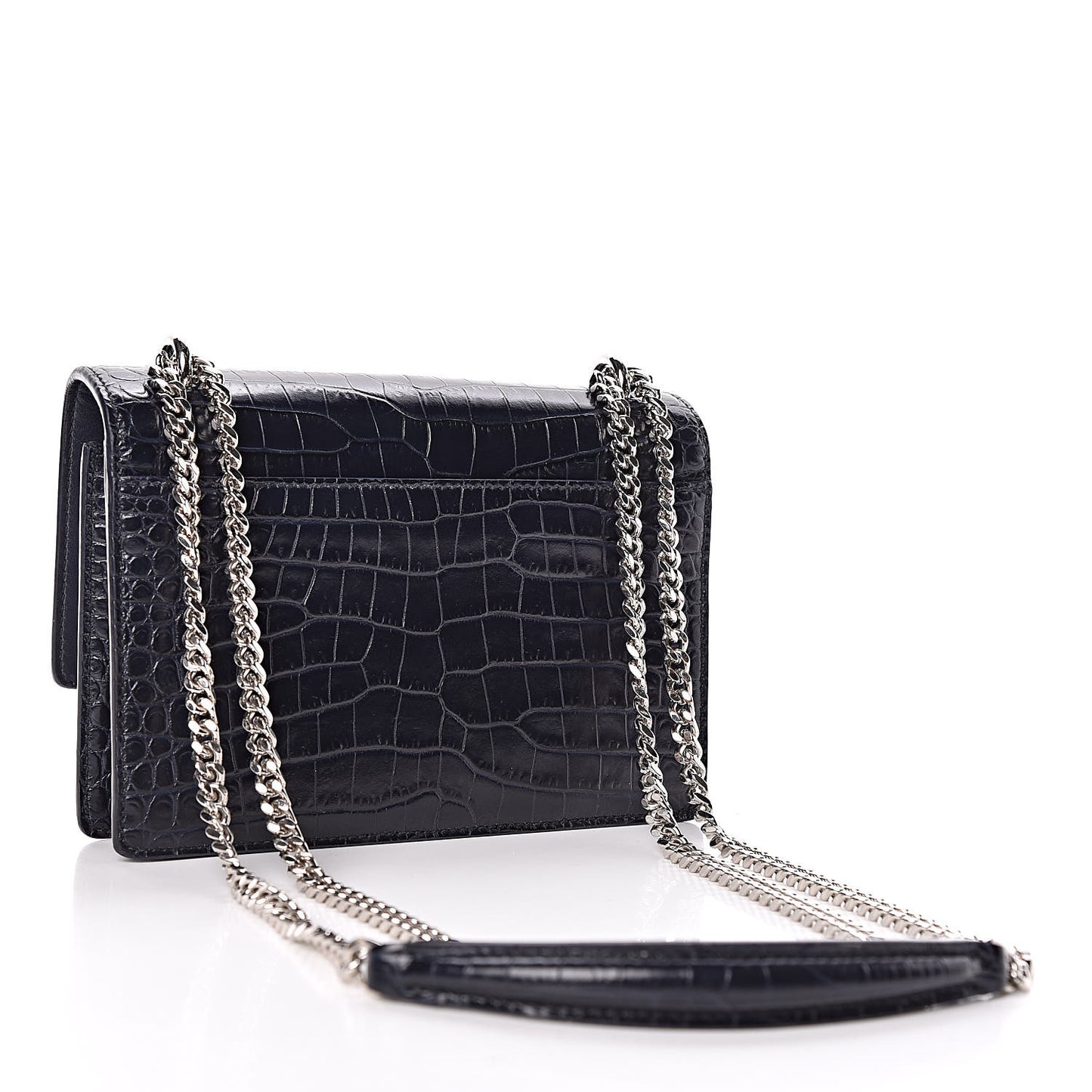 Calfskin Crocodile Embossed Monogram Sunset Chain Wallet Navy