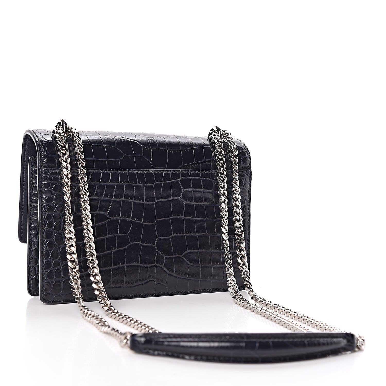 Saint Laurent Calfskin Crocodile Embossed Monogram Sunset Chain Wallet Navy 3 of 13