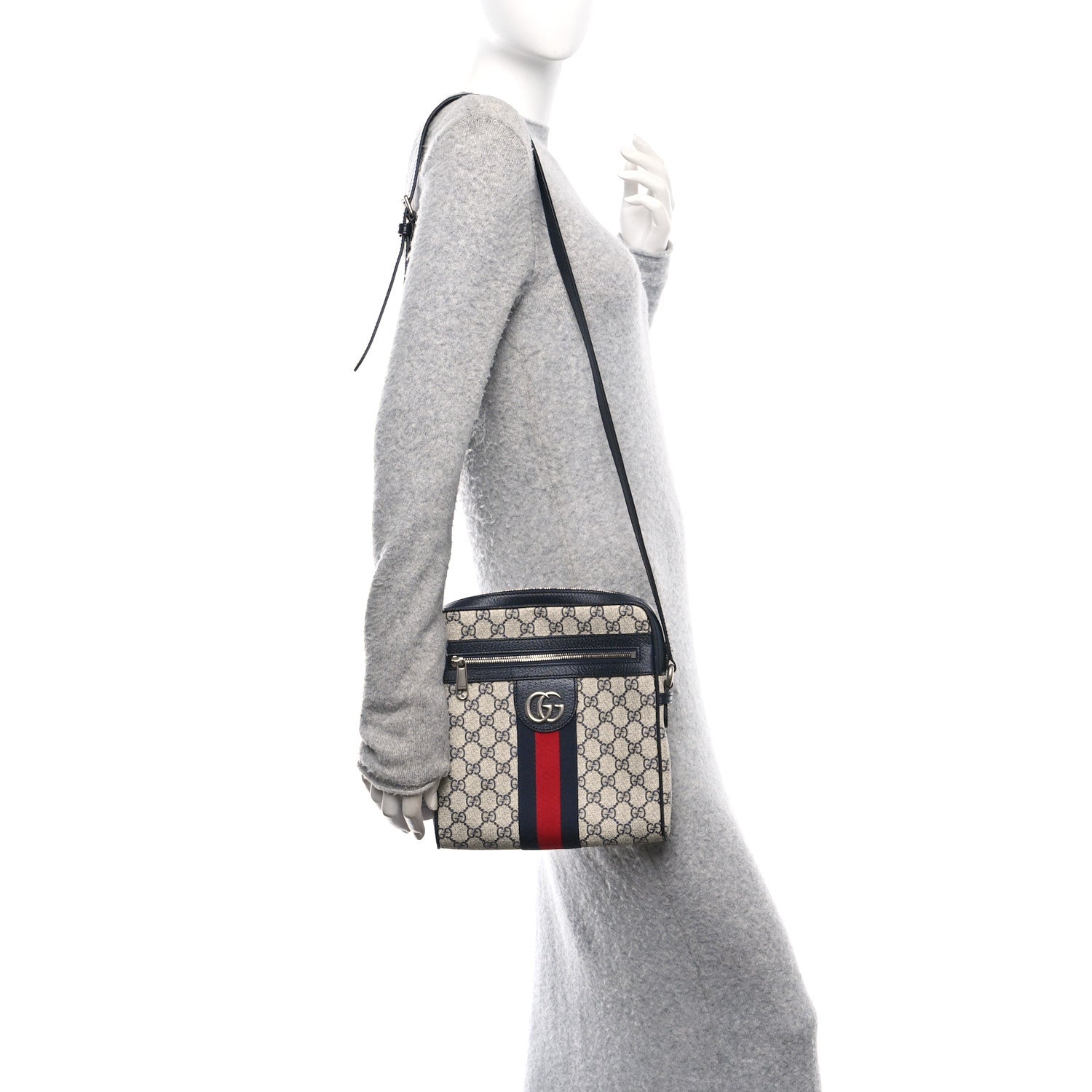 Gucci GG Supreme Monogram Textured Dollar Calfskin Web Small Ophidia Messenger Bag Beige Blue 2 of 10