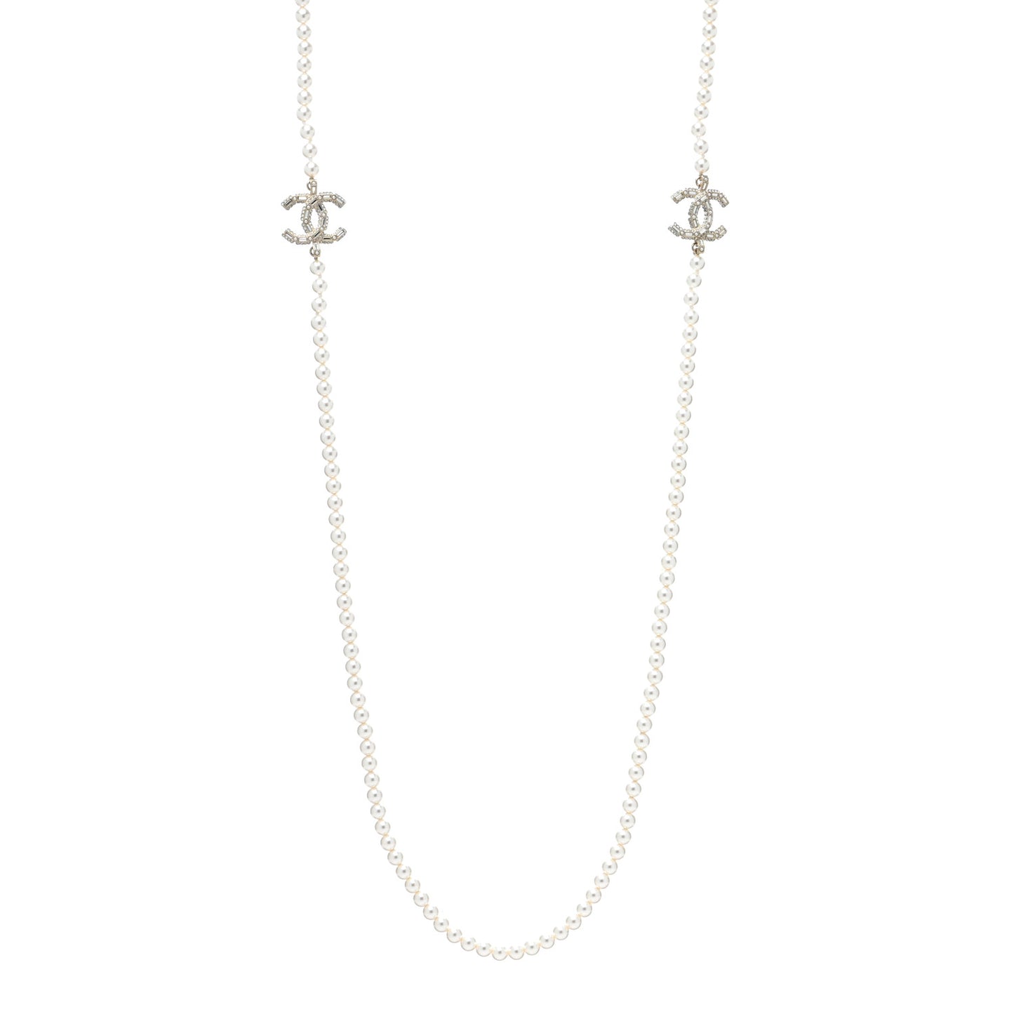 Metal Baguette Crystal Pearl CC Long Necklace Black Gold