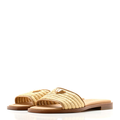 Prada Raffia Metal Triangle Logo 10mm Slide Sandals 37 Naturale 3 of 8