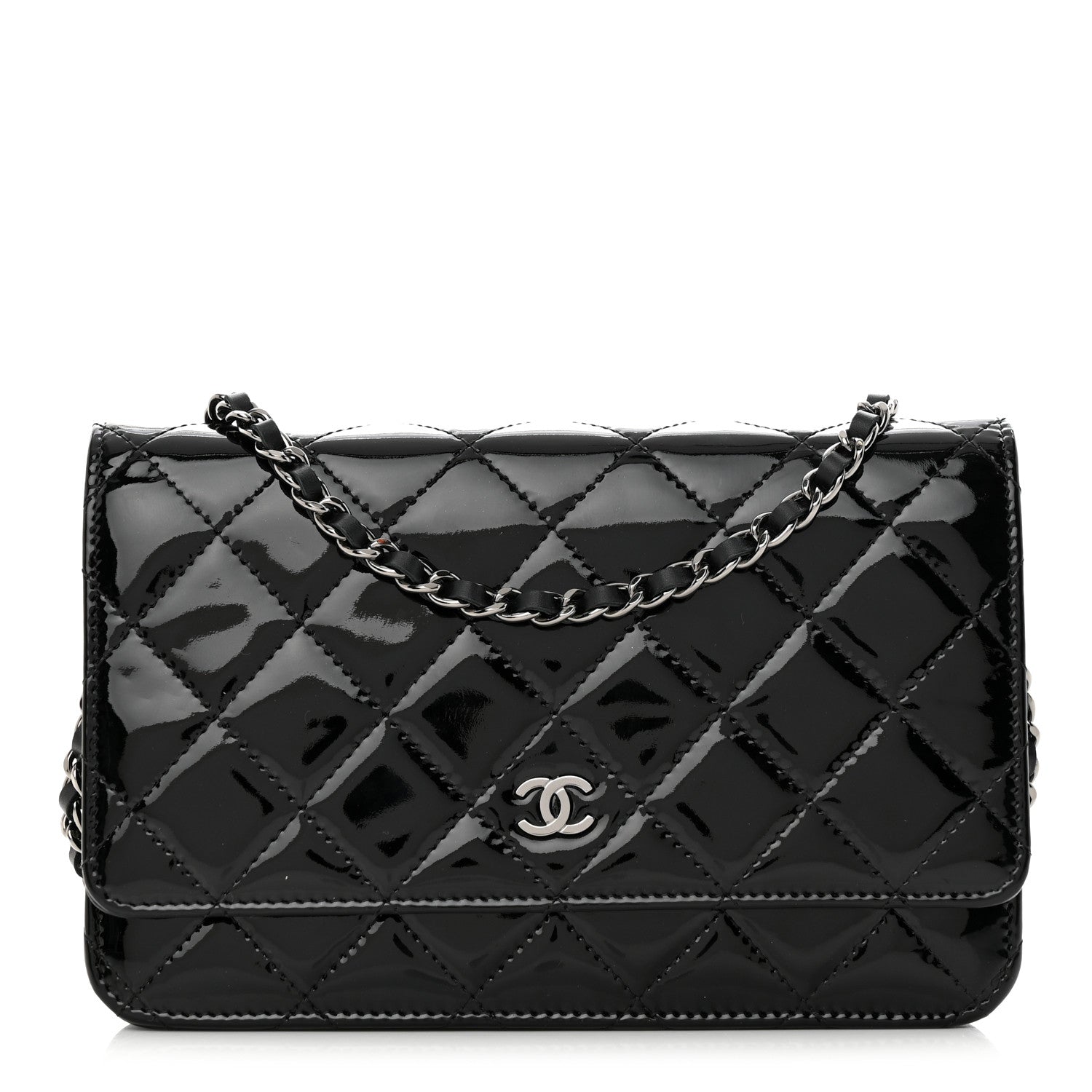 Chanel Patent Quilted Wallet On Chain WOC Black 1 of 14