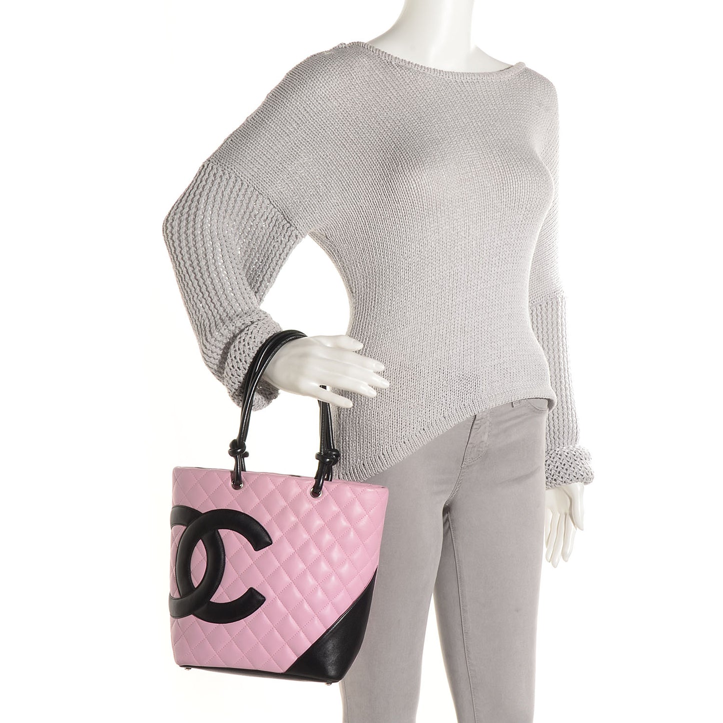 Calfskin Quilted Medium Cambon Tote Pink Black