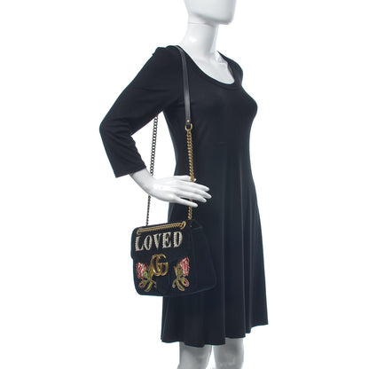 Gucci Velvet Matelasse Loved Embroidered Medium GG Marmont Shoulder Bag Black 2 of 16