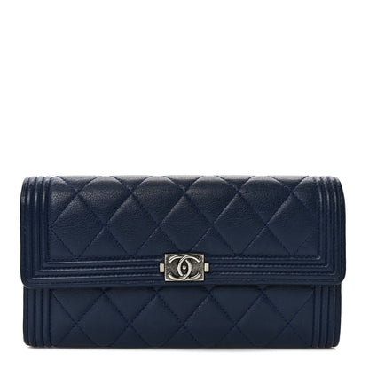 Chanel Calfskin Quilted Large Boy Gusset Flap Wallet Navy Blue 1 of 6