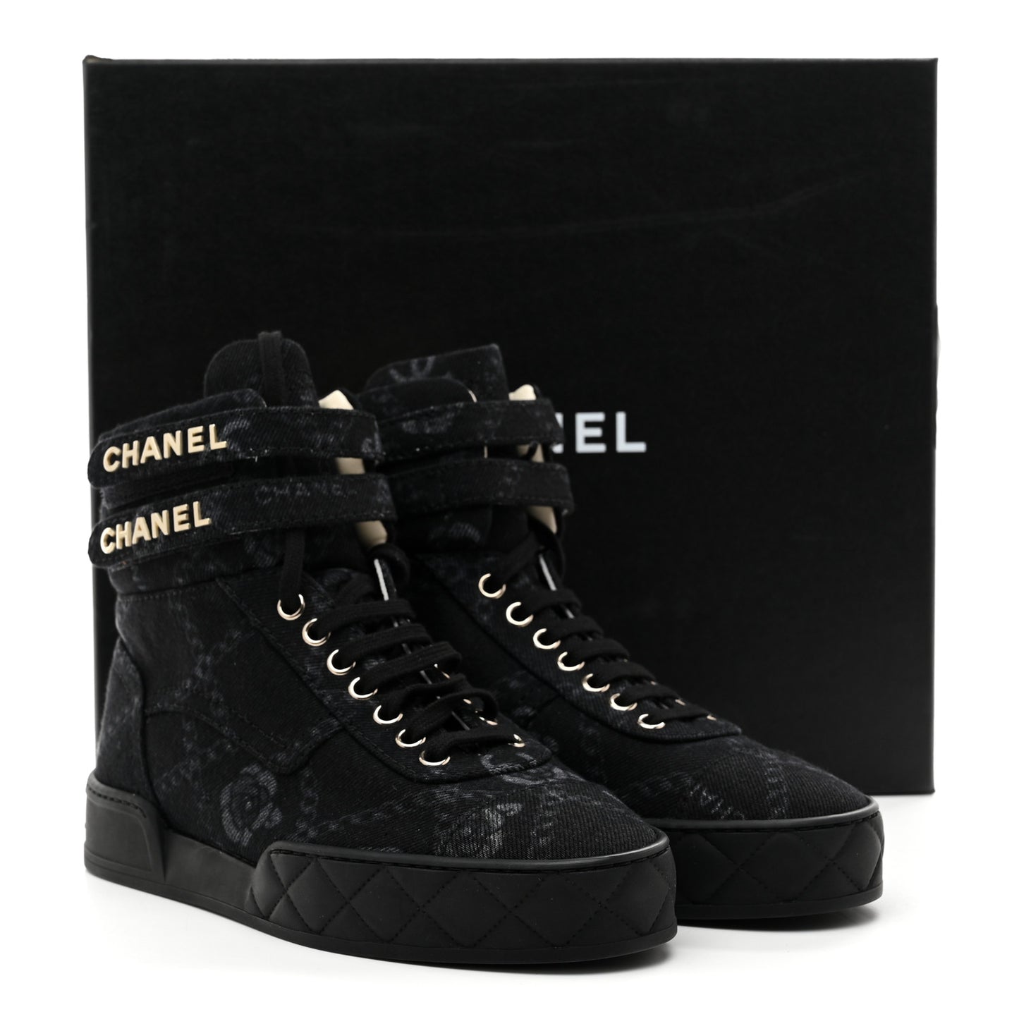 Printed Denim Logo High Top Sneakers 37.5 Black White