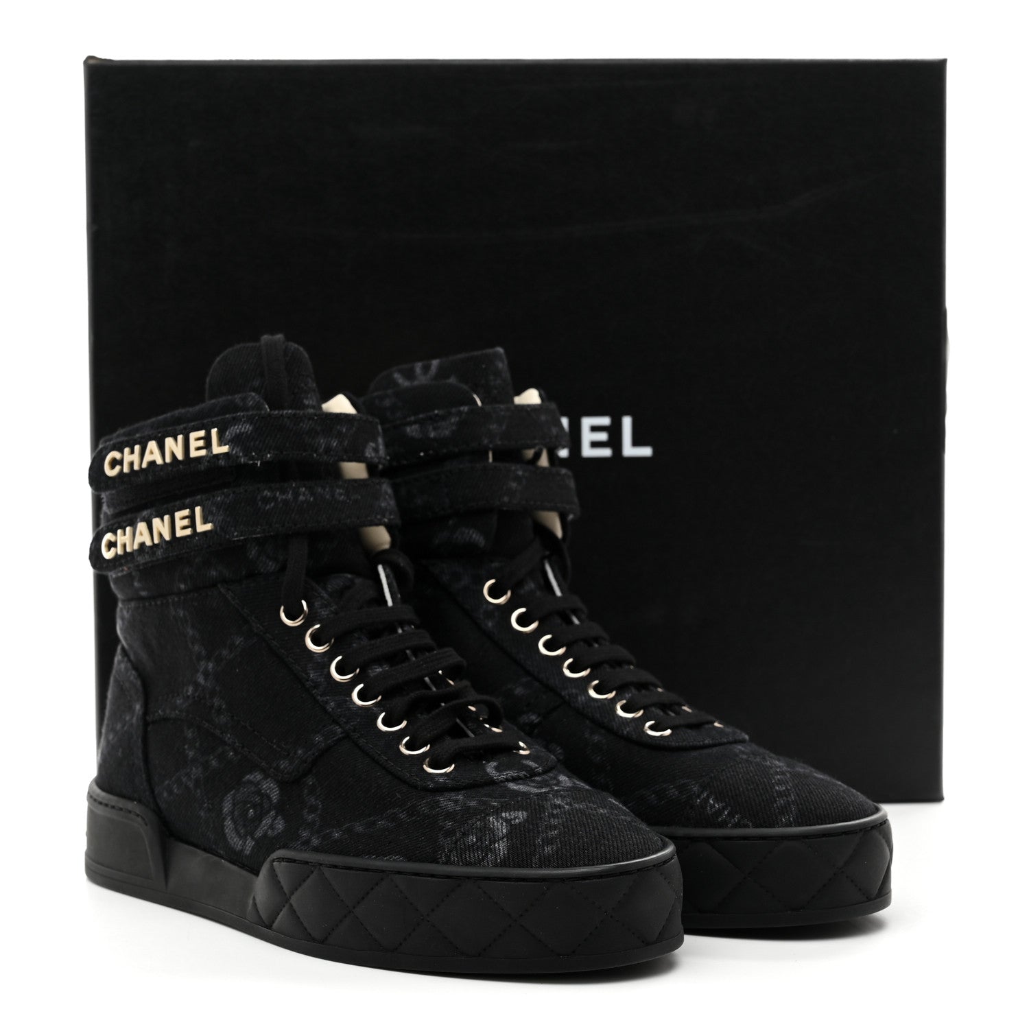 Chanel Printed Denim Logo High Top Sneakers 37.5 Black White 11 of 11