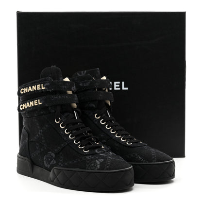 Chanel Printed Denim Logo High Top Sneakers 37.5 Black White 11 of 11
