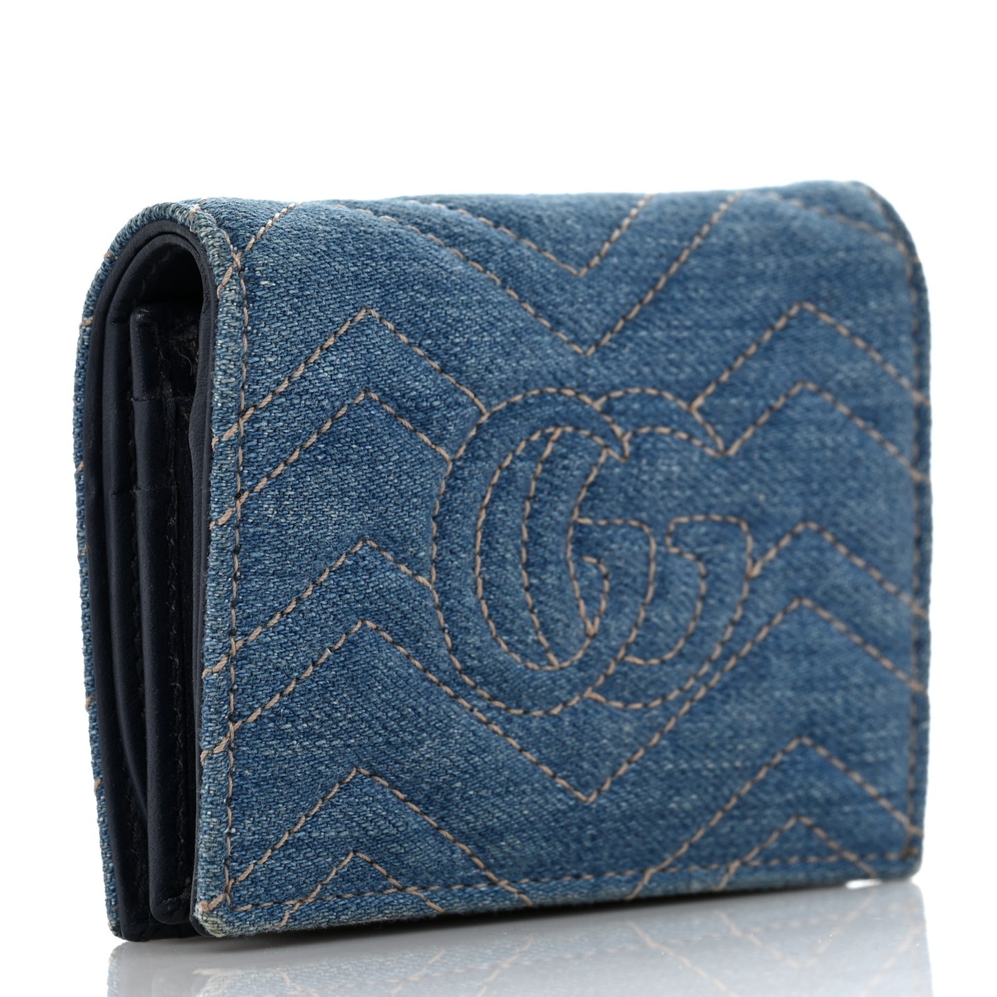 Denim Matelasse Pearly GG Marmont Card Case Wallet Blue