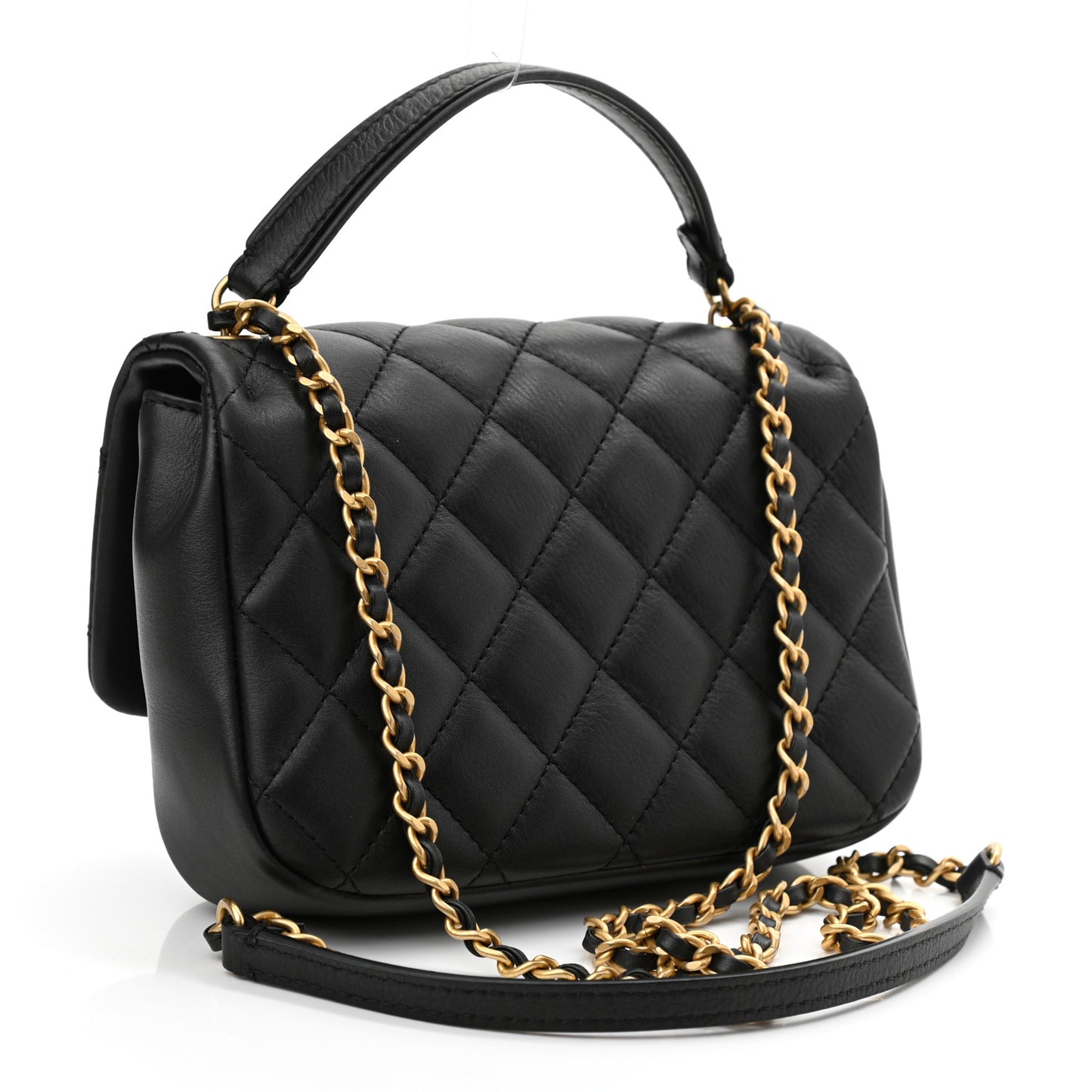 Calfskin Quilted Top Handle Flap Black