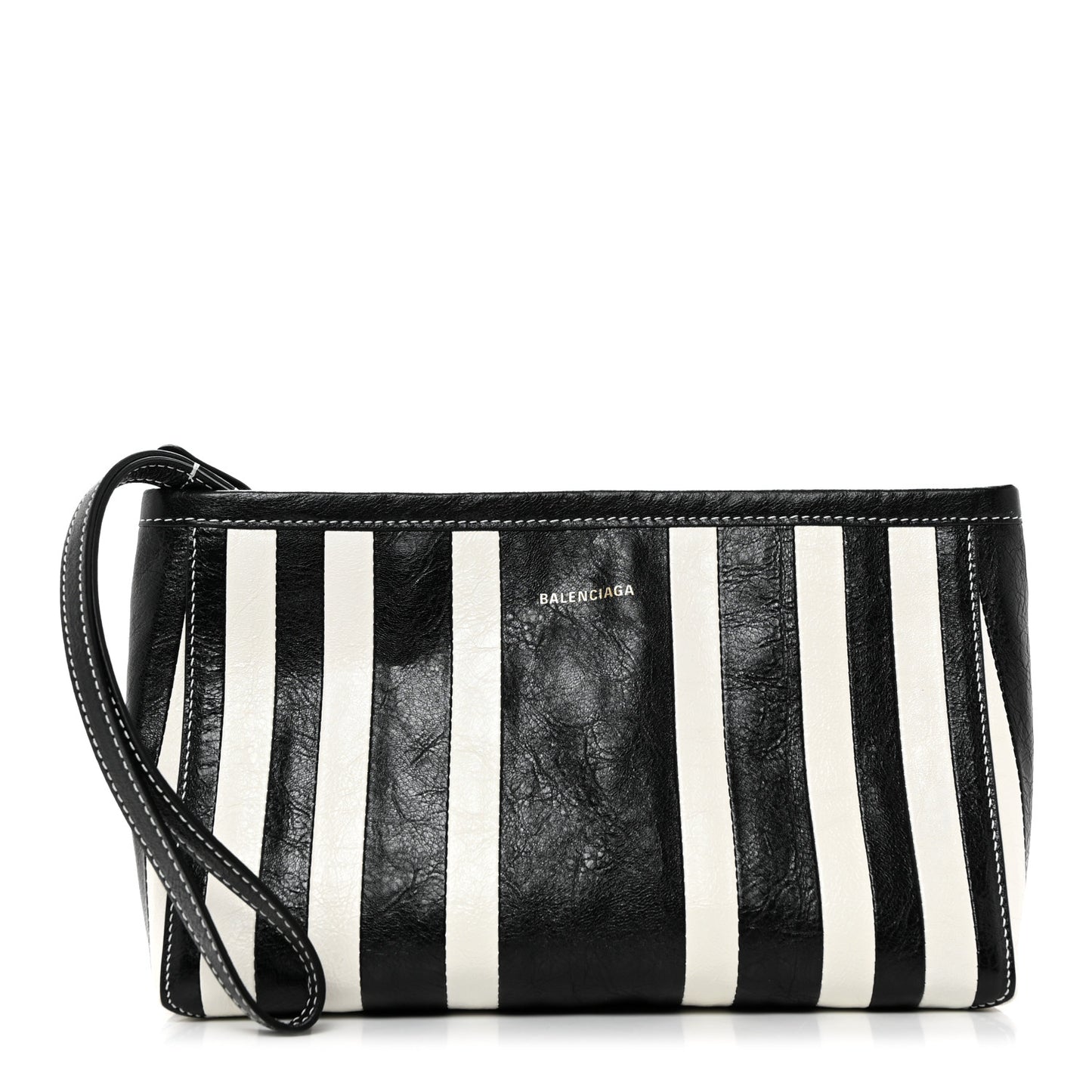 Agneau Arena Striped Patchwork Small Barbes Z Pouch with Handle Black White