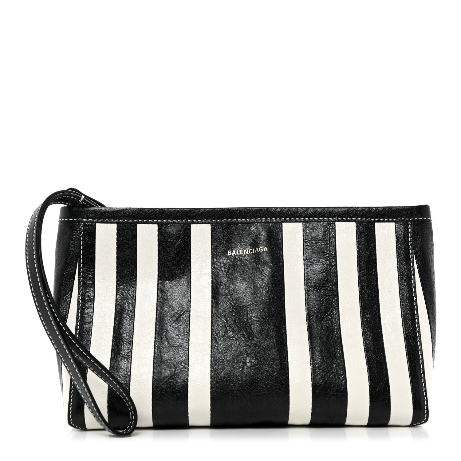 Balenciaga Agneau Arena Striped Patchwork Small Barbes Z Pouch with Handle Black White 1 of 10