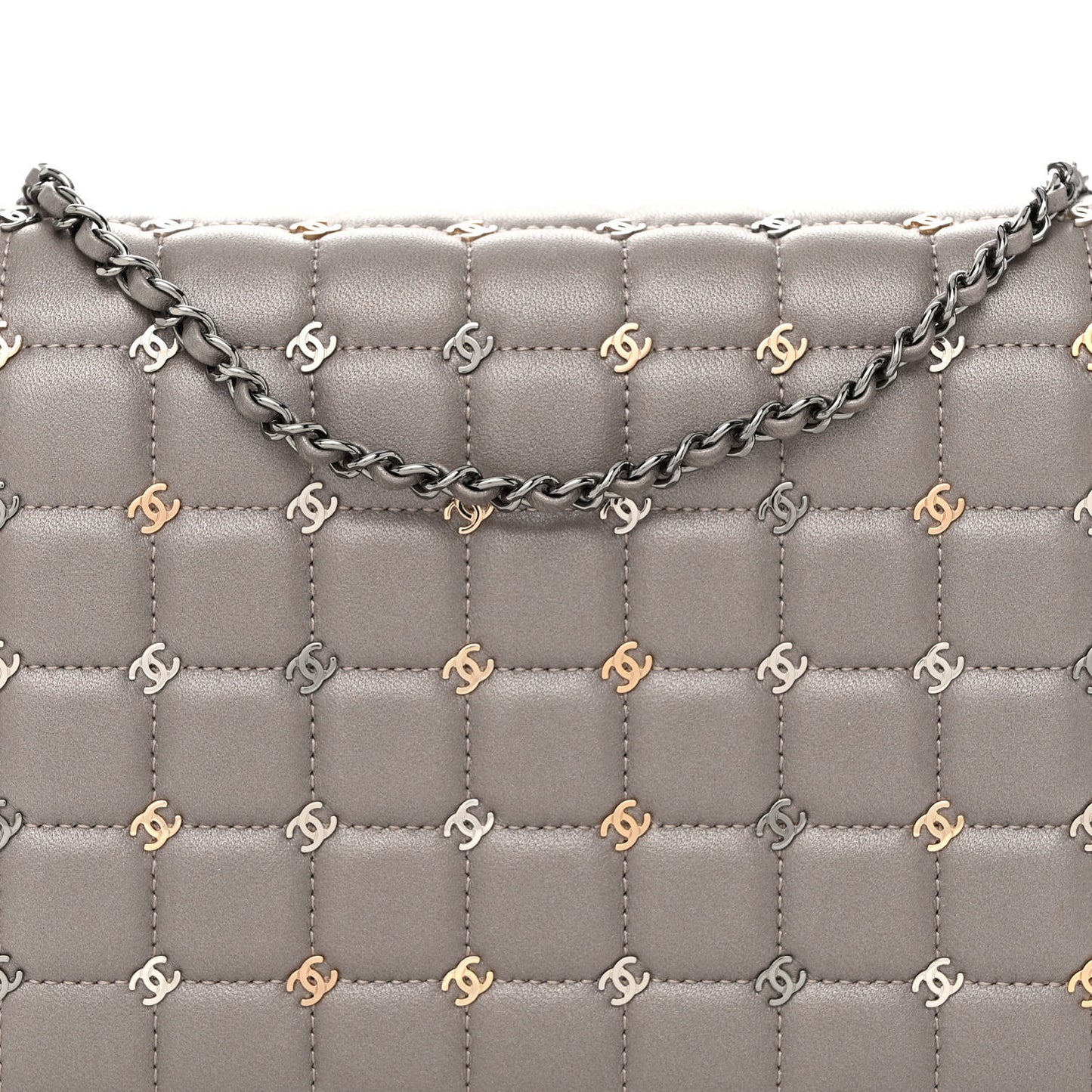 Lambskin Chocolate Bar Piercing CC Studded Small Chain Flap Bag Grey