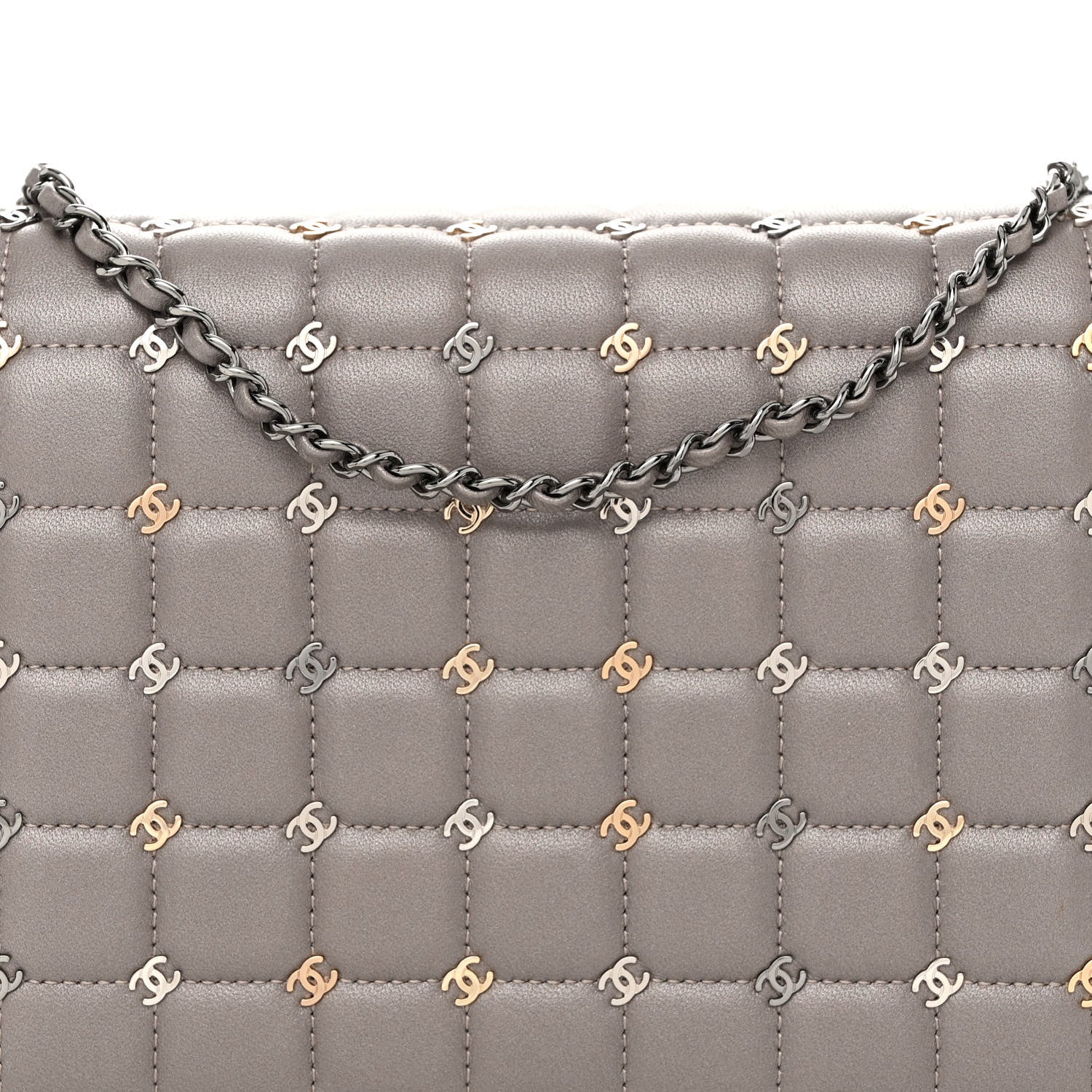 Chanel Lambskin Chocolate Bar Piercing CC Studded Small Chain Flap Bag Grey 8 of 12