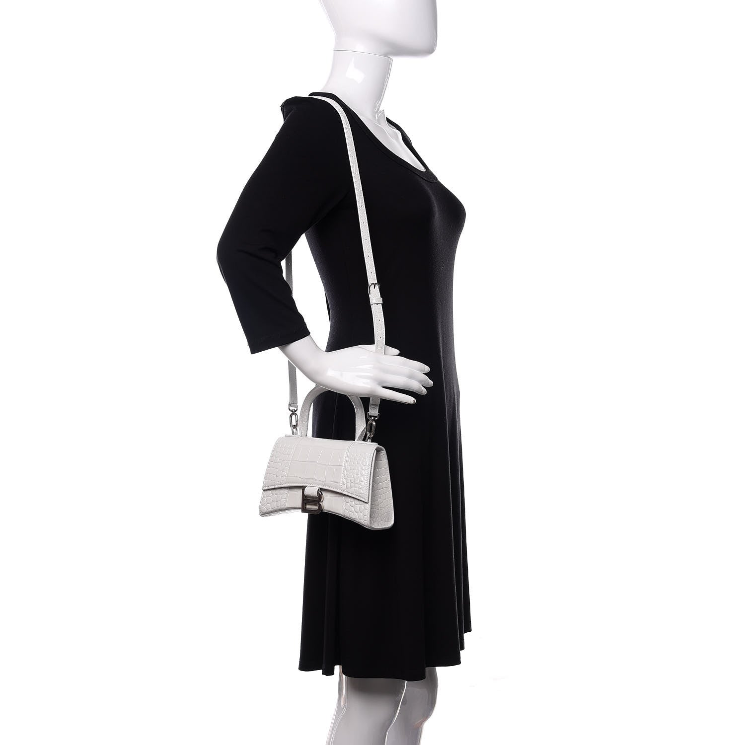 Balenciaga Shiny Calfskin Crocodile Embossed Hourglass Top Handle Bag XS White 2 of 10