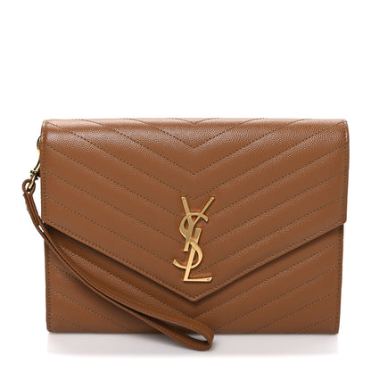 Saint Laurent Grain De Poudre Matelasse Chevron Monogram Cassandre Flap Pouch Natural Dark 1 of 7