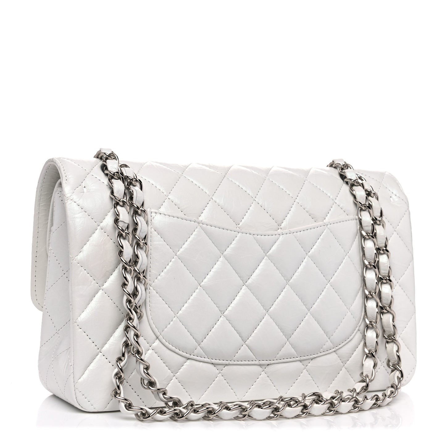 Iridescent Crumpled Calfskin Quilted Medium Double Flap White
