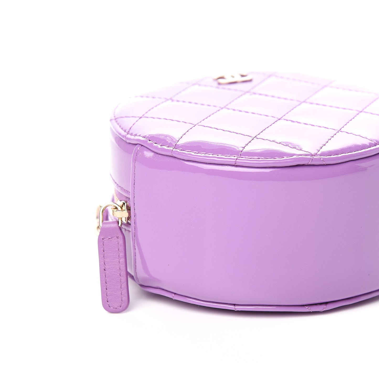 Patent Quilted Round Clutch With Chain Purple