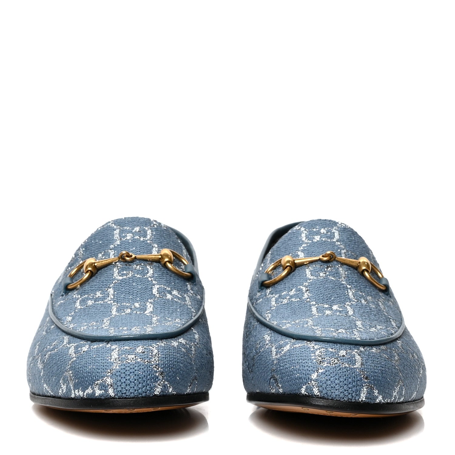 Gucci Canvas Lame GG Monogram Horsebit Womens Jordaan Loafers 39 Blue Silver Cornflower Blue 2 of 8