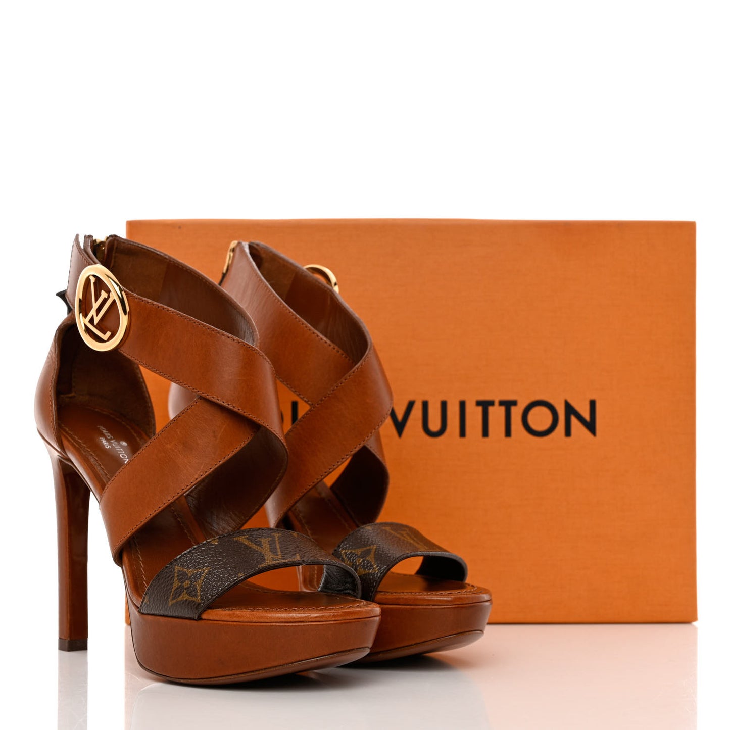 Calfskin Monogram Horizon Platform Sandals 36 Cognac Brown