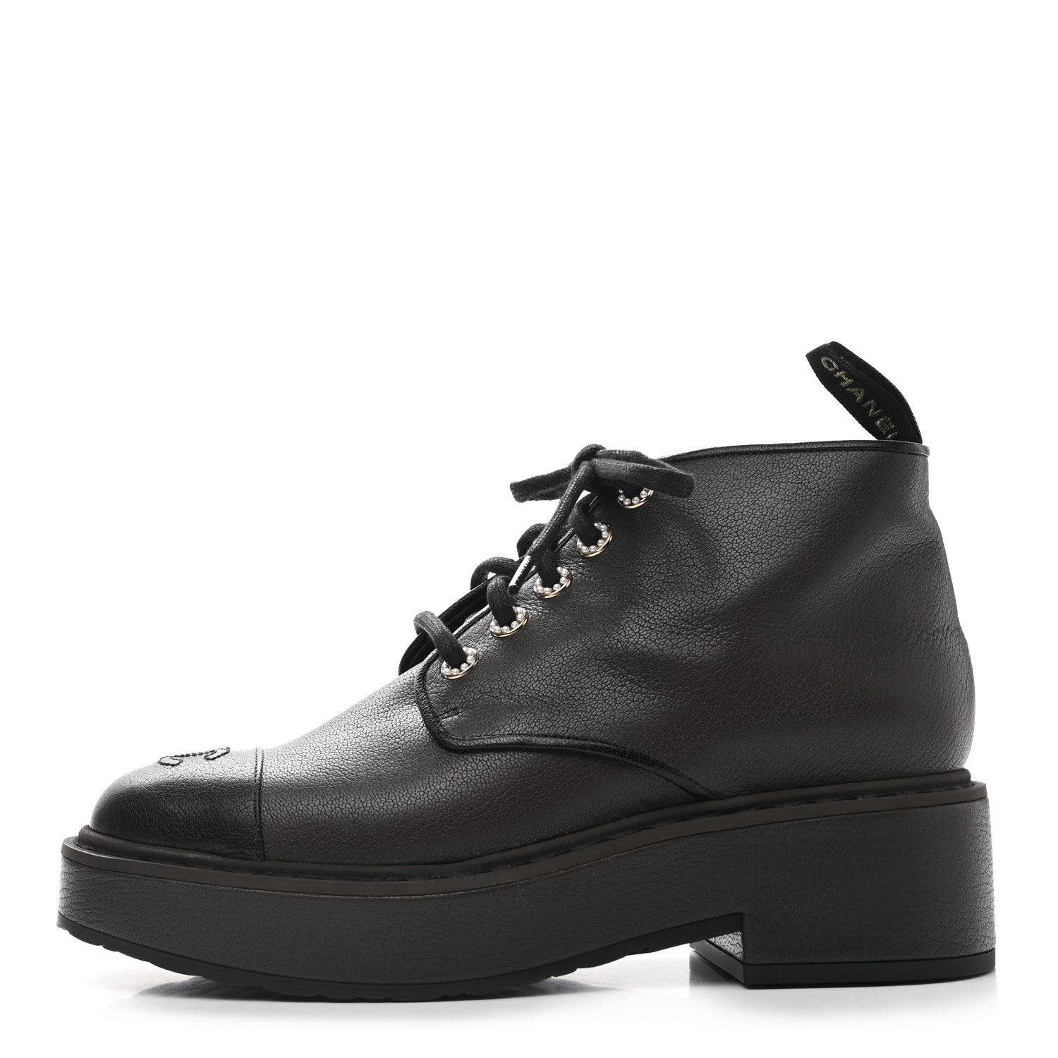 Chanel Goatskin Pearl Lace Up CC Short Boots 40 Brown Black 1 of 9