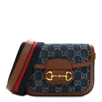 Gucci New Denim GG Monogram Dollar Calfskin Web Mini Horsebit 1955 Shoulder Bag Blue Tea Cuir Epilog 1 of 10