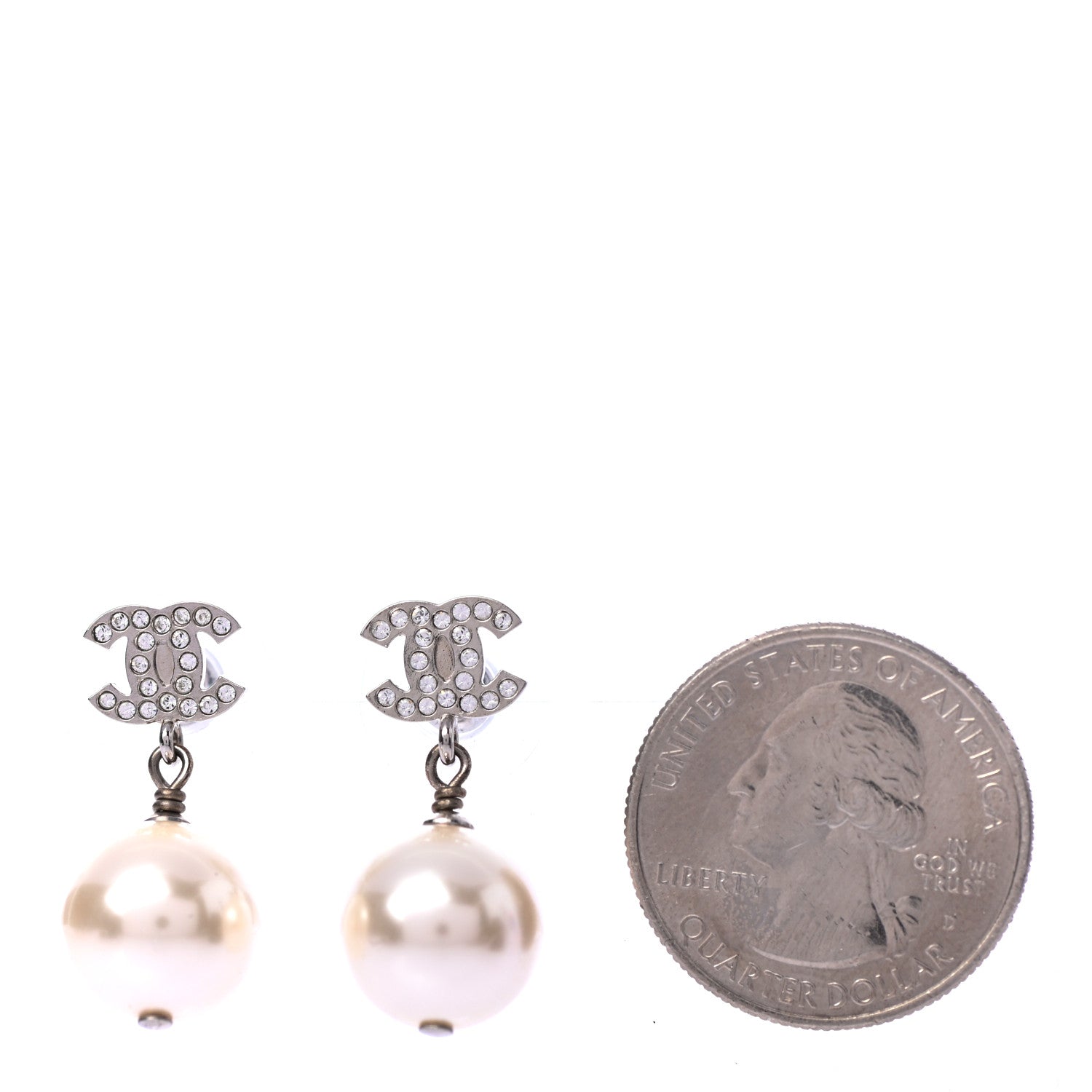 Chanel Crystal Pearl CC Drop Earrings Silver Pearly White 2 of 4
