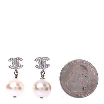 Chanel Crystal Pearl CC Drop Earrings Silver Pearly White 2 of 4