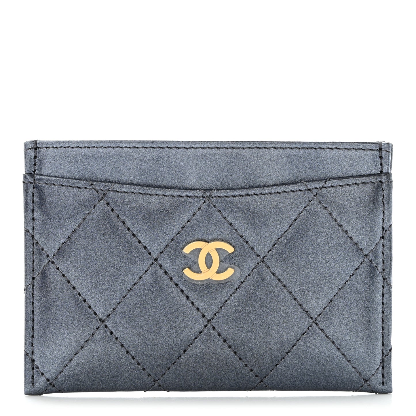 Metallic Lambskin Quilted Card Holder Wallet Dark Blue