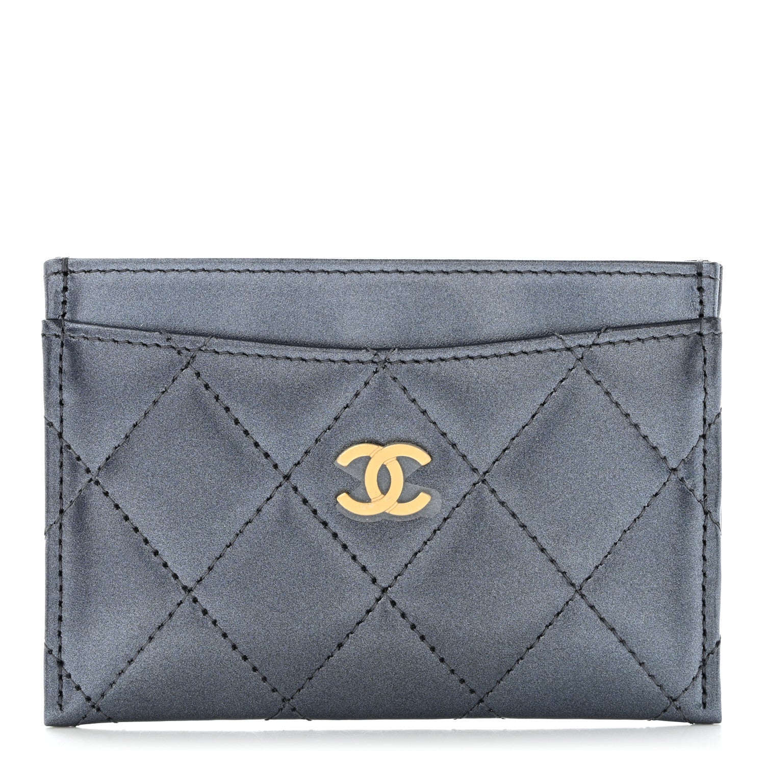 Chanel Metallic Lambskin Quilted Card Holder Wallet Dark Blue 1 of 9