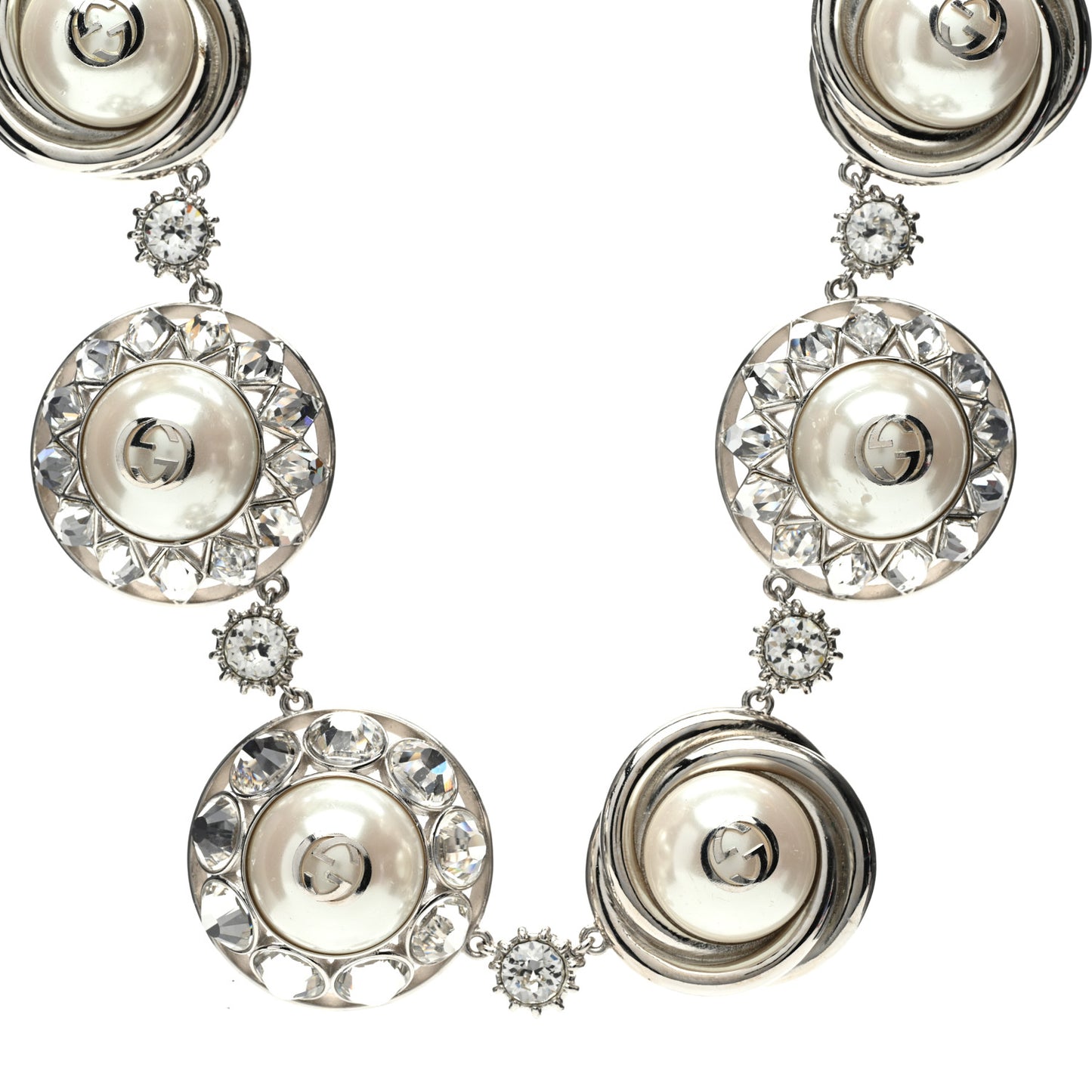 Pearl Strass Resin Embellished Double G Necklace Silver