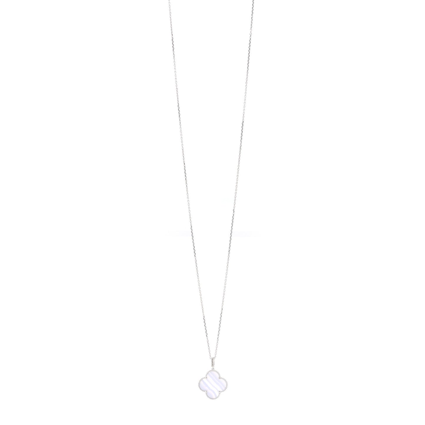 18K White Gold Chalcedony Magic Alhambra Pendant Long Necklace