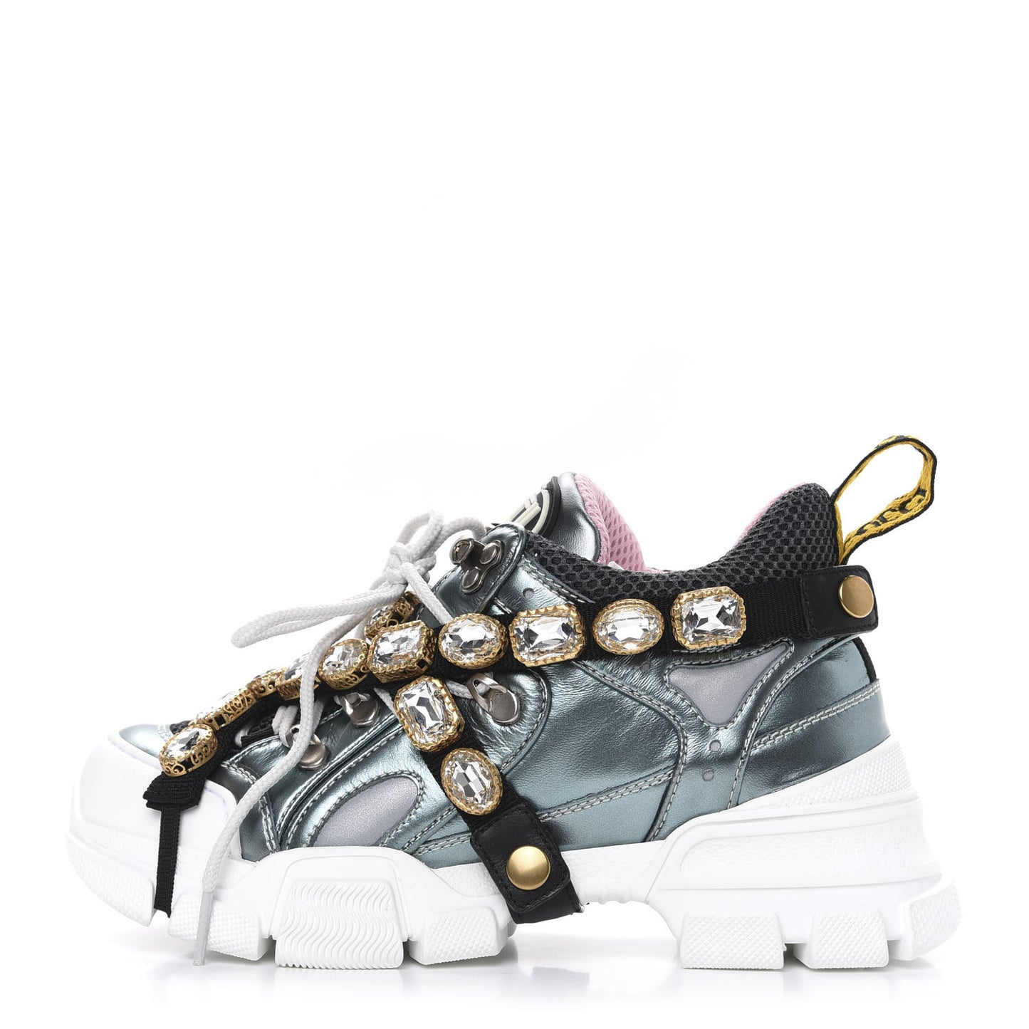 X SEGA Metallic Calfskin Removable Crystals Womens Flashtrek Sneakers 36 Lago Loess Silver