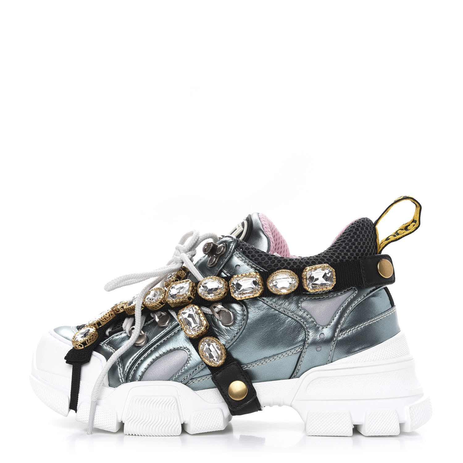 Gucci X SEGA Metallic Calfskin Removable Crystals Womens Flashtrek Sneakers 36 Lago Loess Silver 1 of 8