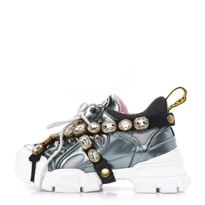 Gucci X SEGA Metallic Calfskin Removable Crystals Womens Flashtrek Sneakers 36 Lago Loess Silver 1 of 8