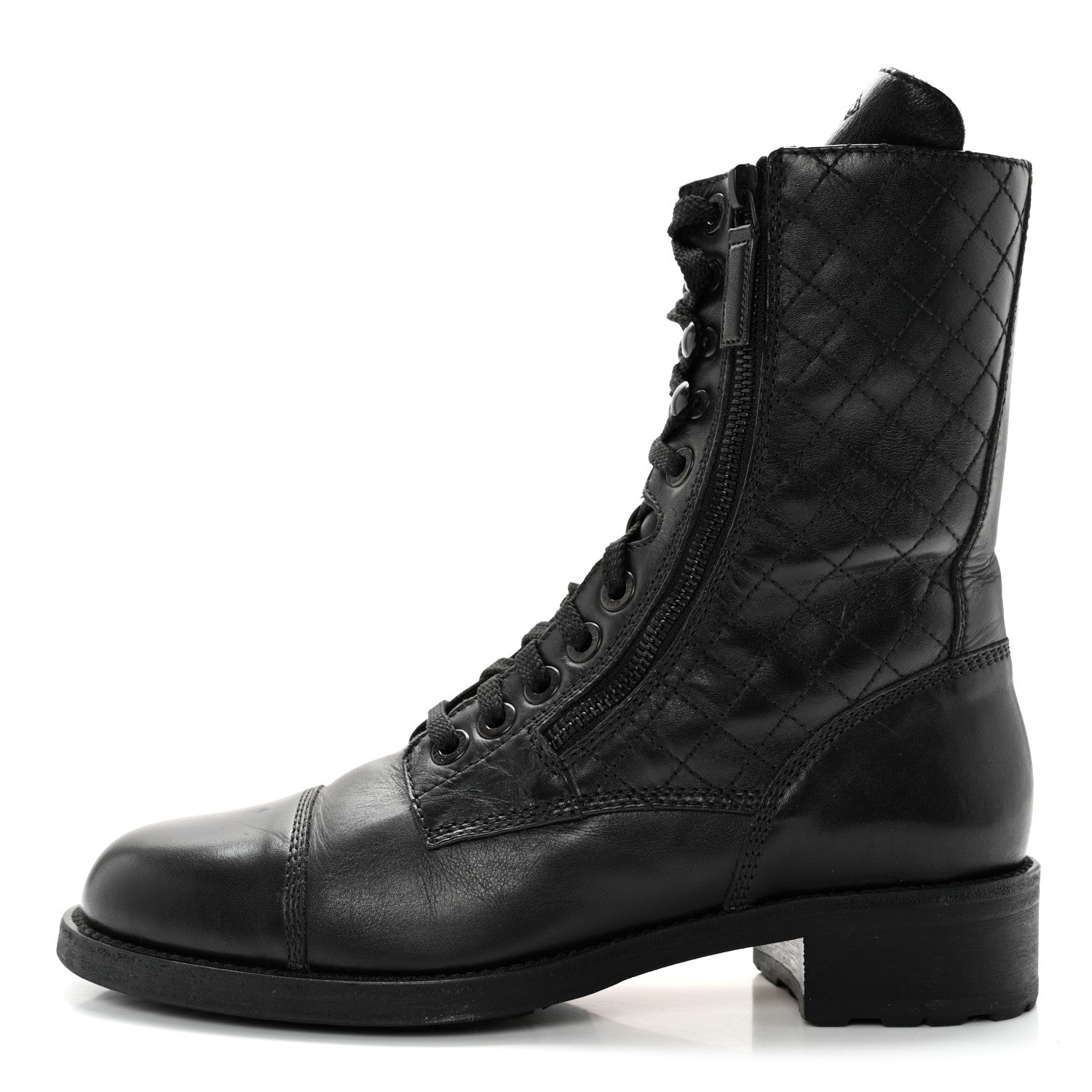 Chanel Calfskin Quilted Lace Up Combat Boots 40 Black 1 of 11