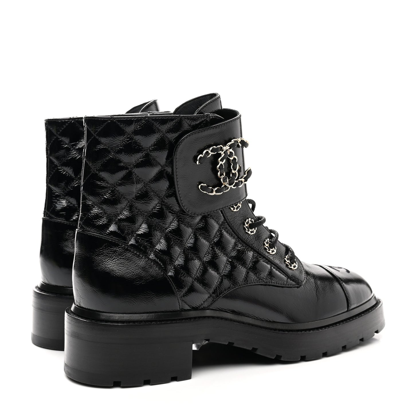 Shiny Calfskin Quilted Lace Up Combat Boots 41 Black