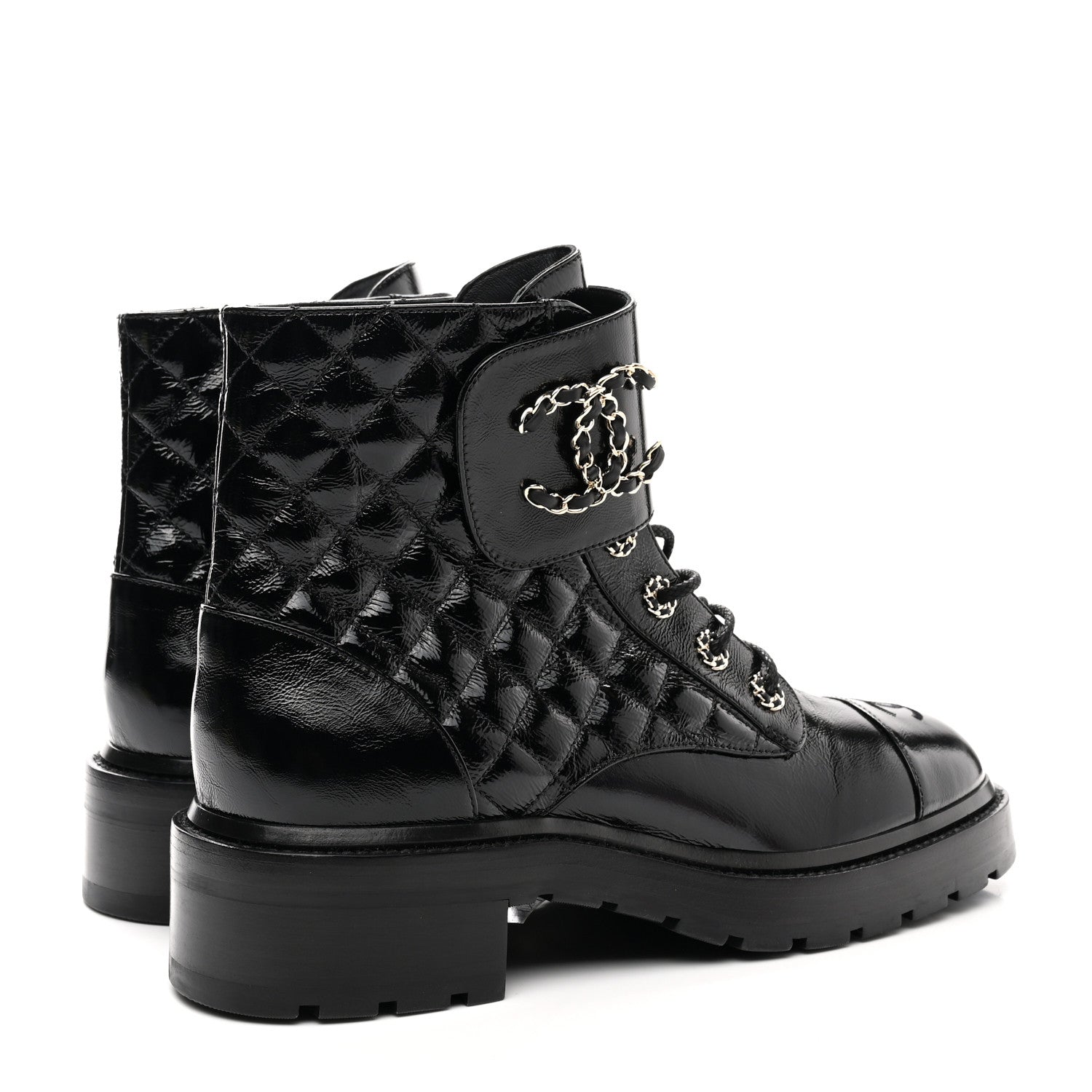 Chanel Shiny Calfskin Quilted Lace Up Combat Boots 41 Black 4 of 10