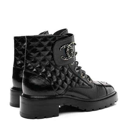 Chanel Shiny Calfskin Quilted Lace Up Combat Boots 41 Black 4 of 10
