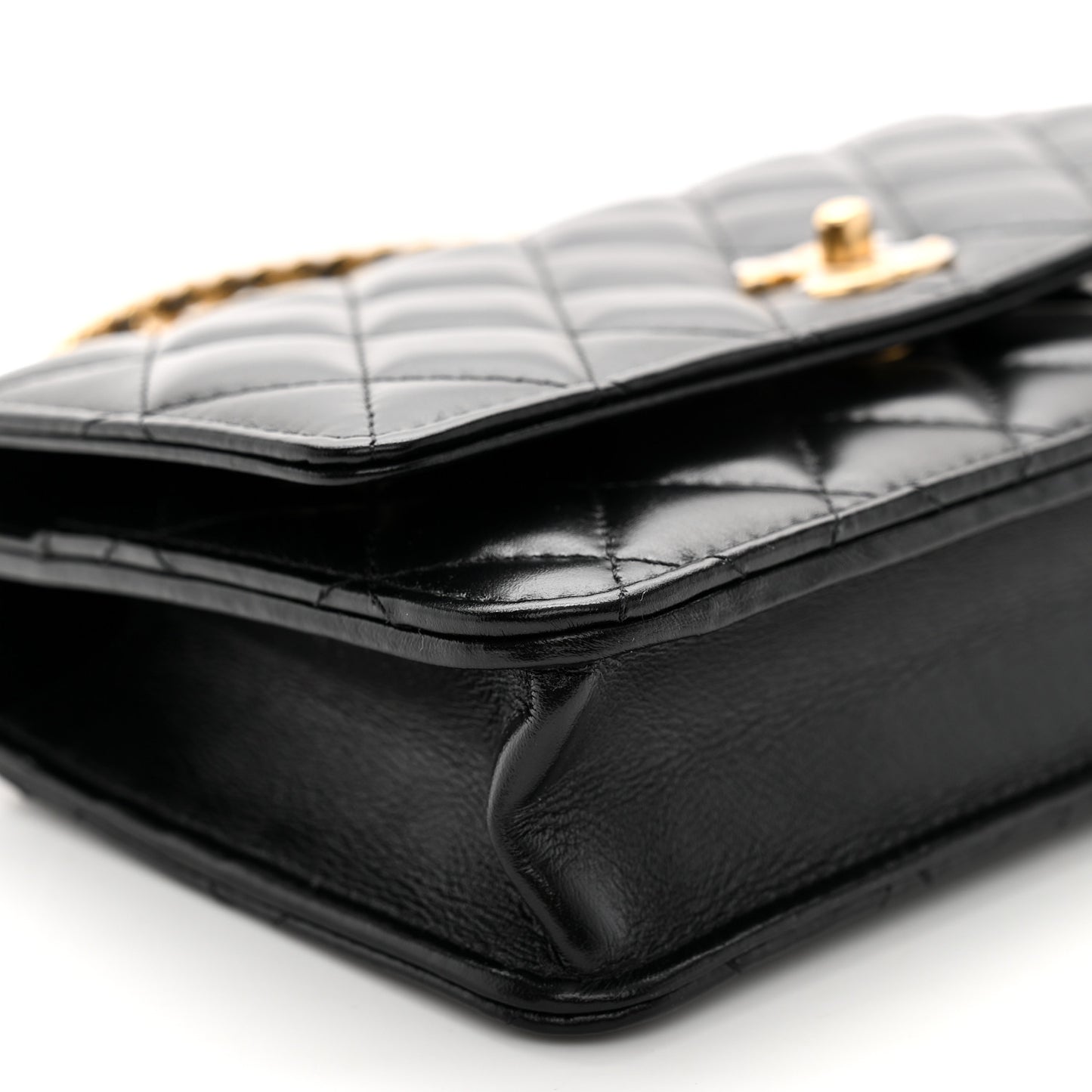 Shiny Calfskin Quilted Metal Top Handle Wallet On Chain WOC Black