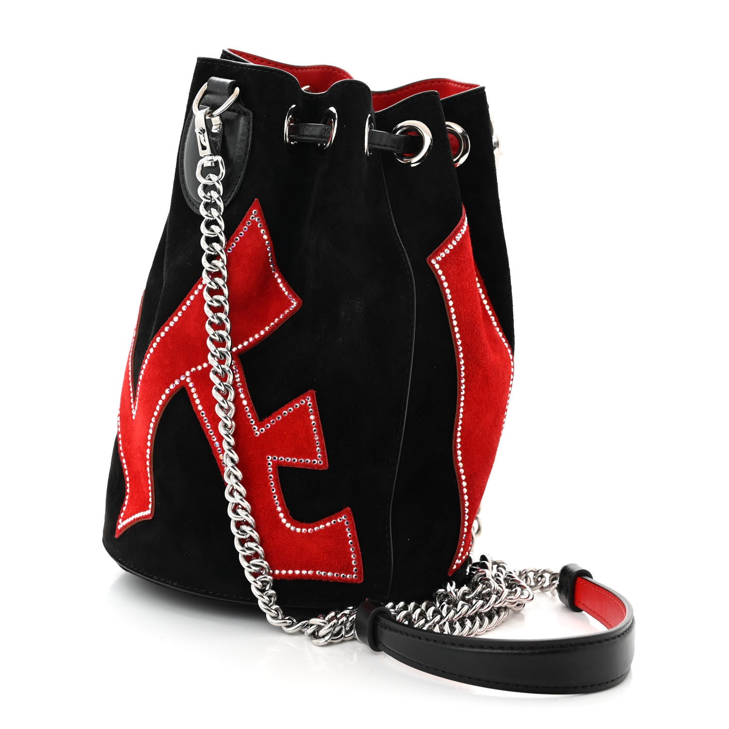 Christian Louboutin Suede Strass Love Marie Jane Bucket Black Red 3 of 11
