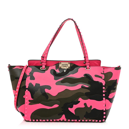 Valentino Garavani Nappa Canvas Camouflage Medium Rockstud Tote Fuxia Fluo 1 of 13