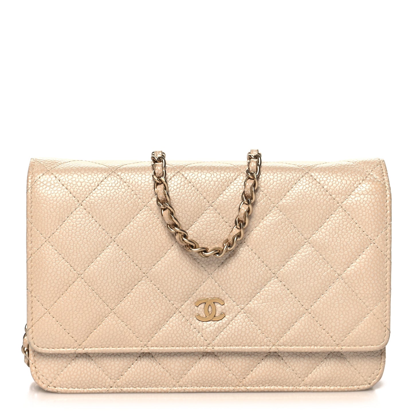 Pearly Caviar Quilted Wallet On Chain WOC Beige