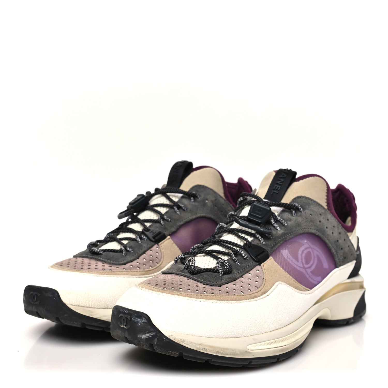 Chanel Fabric Suede Calfskin Mesh Womens CC Sneakers 42 White Grey Purple 4 of 9