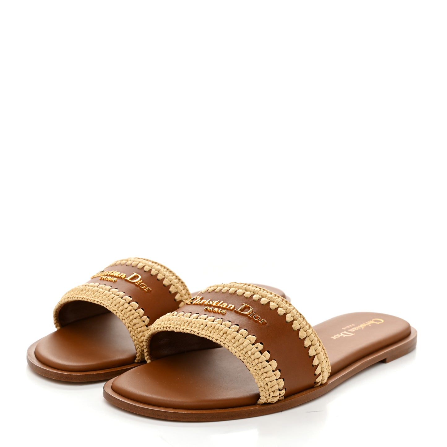Calfskin Raffia Dioriviera D-Lane Flat Slide Sandals 38.5 Camel