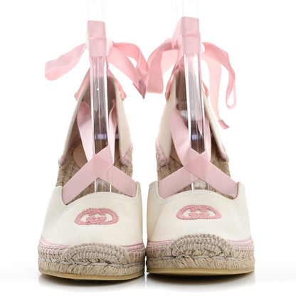 Gucci Canvas Grossgrain Embroidered Judit Ankle Wrap Platform 35/120mm Espadrille Wedges 37 White Shell 3 of 10