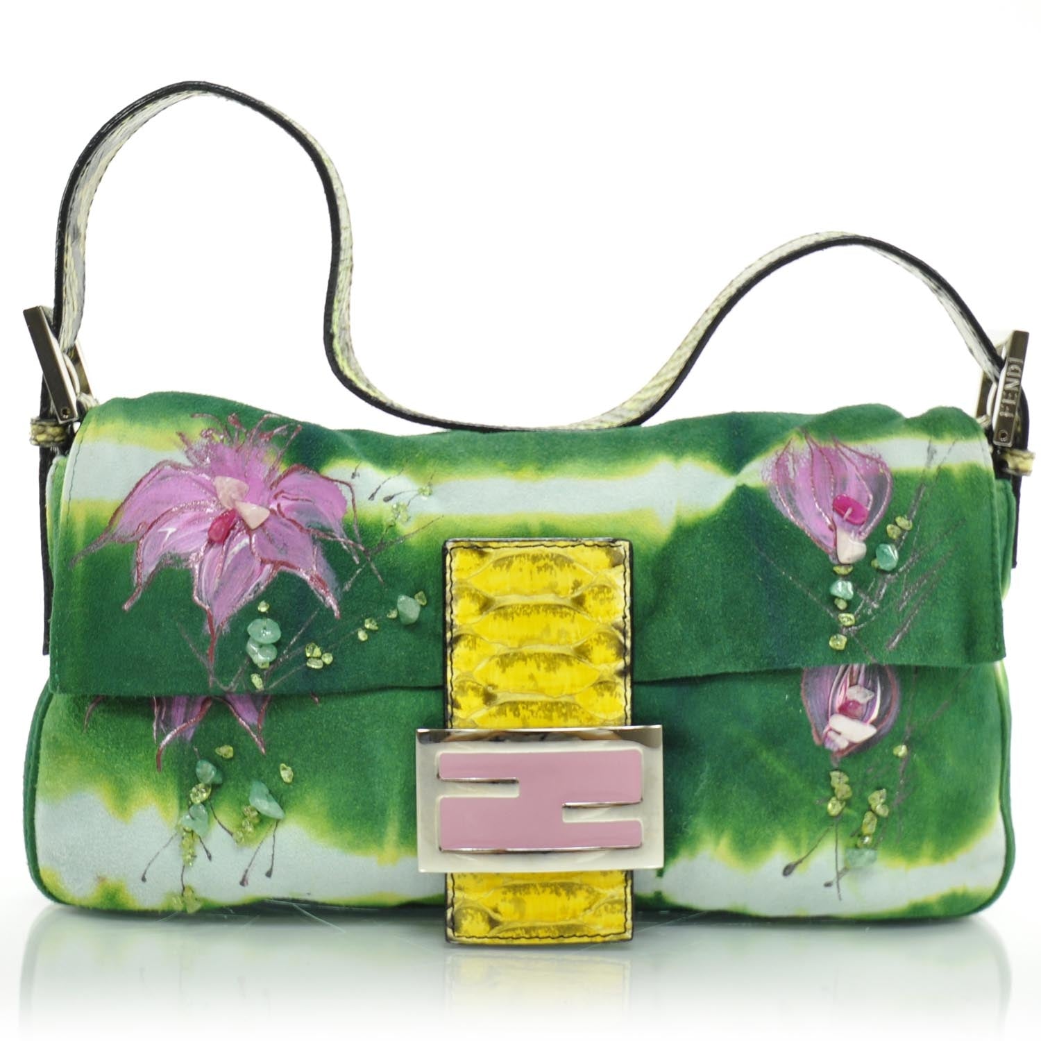 Fendi Suede Python Floral Baguette Green 1 of 10